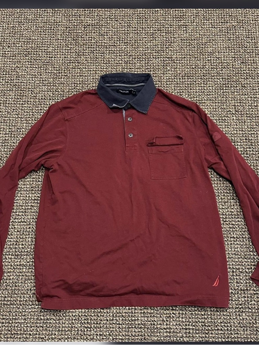 Nautica Men's Burgundy Long-Sleeve Polo with Navy Collar